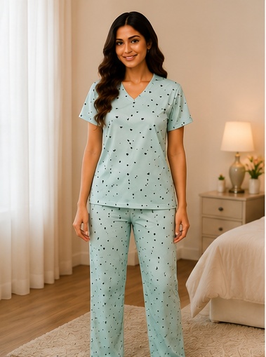 Women’s Mint Green Cotton Night Suit with Heart Print – V-Neck Half Sleeve Top & Matching Pajama Set
