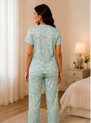 Women’s Mint Green Cotton Night Suit with Heart Print – V-Neck Half Sleeve Top & Matching Pajama Set