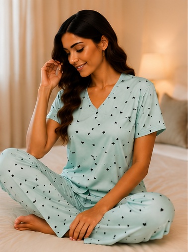 Women’s Mint Green Cotton Night Suit with Heart Print – V-Neck Half Sleeve Top & Matching Pajama Set
