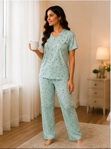 Women’s Mint Green Cotton Night Suit with Heart Print – V-Neck Half Sleeve Top & Matching Pajama Set