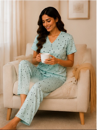 Women’s Mint Green Cotton Night Suit with Heart Print – V-Neck Half Sleeve Top & Matching Pajama Set