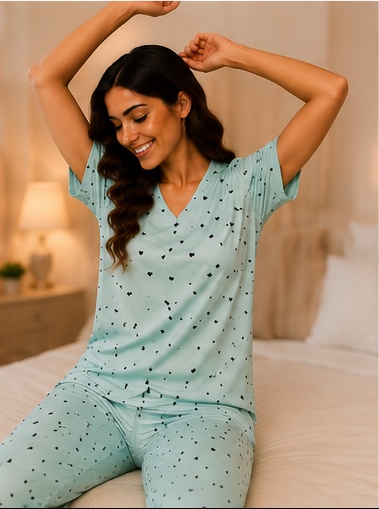 Women’s Mint Green Cotton Night Suit with Heart Print – V-Neck Half Sleeve Top & Matching Pajama Set