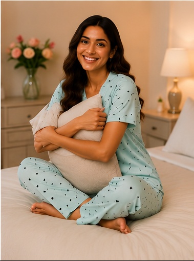 Women’s Mint Green Cotton Night Suit with Heart Print – V-Neck Half Sleeve Top & Matching Pajama Set