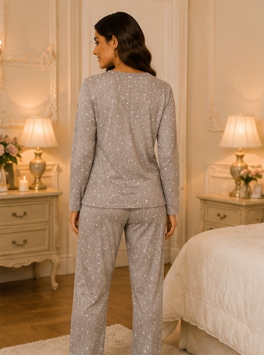 Women’s Grey Printed Cotton Night Suit with Full Sleeves | Comfortable Sleepwear Set