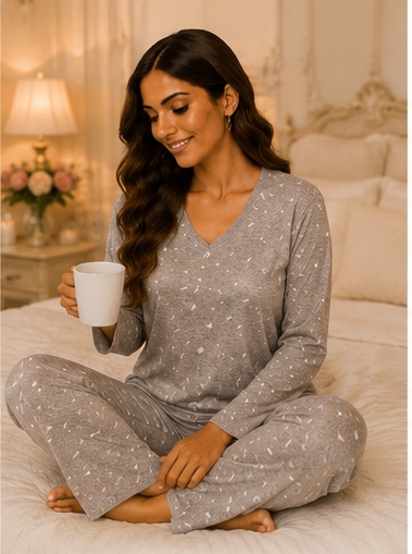 Women’s Grey Printed Cotton Night Suit with Full Sleeves | Comfortable Sleepwear Set