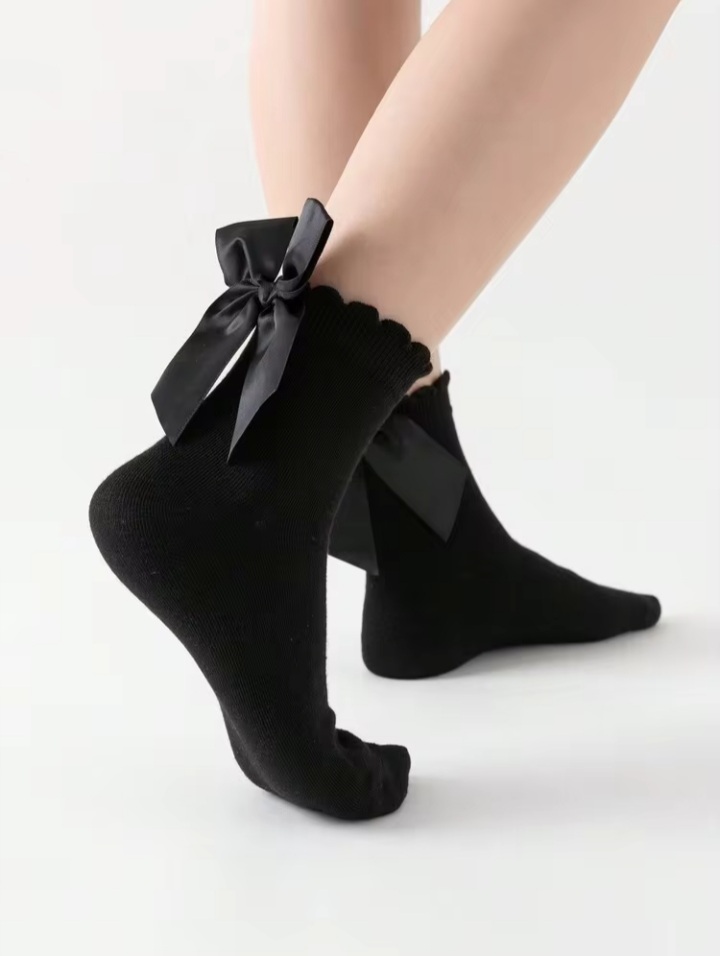 Women’s Black Bow Detail Crew Socks – Soft Stretch Socks for Women