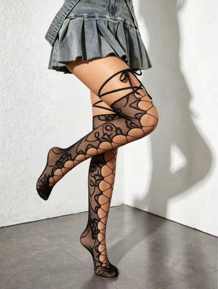 Women's Black Lace Floral Cut-Out Thigh-High Stockings with Tie-Up Straps