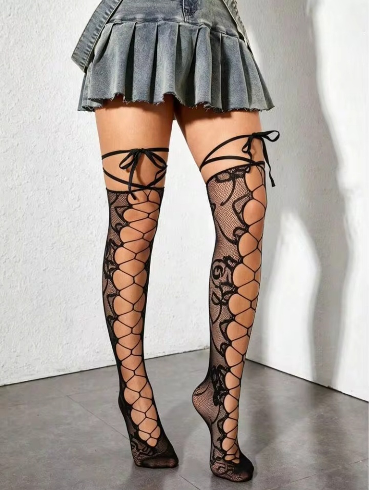 Women's Black Lace Floral Cut-Out Thigh-High Stockings with Tie-Up Straps