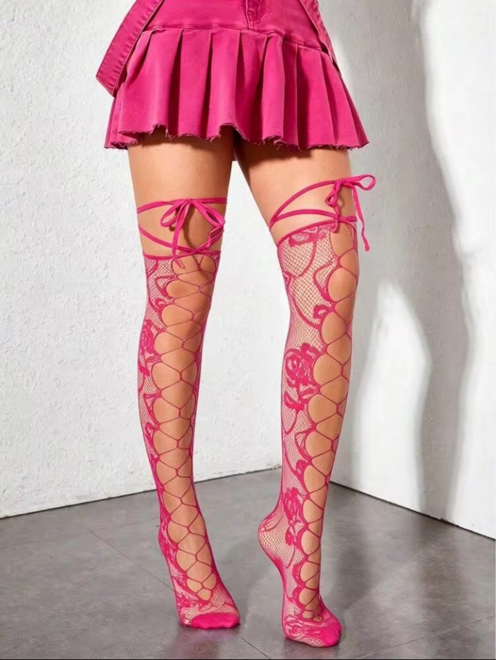 Women's Pink Lace Floral Cut-Out Thigh-High Stockings with Tie-Up Straps