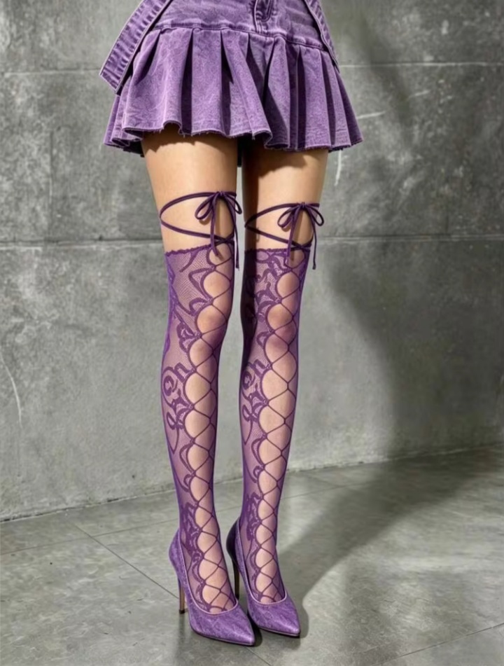 Women's Purple Lace Floral Cut-Out Thigh-High Stockings with Tie-Up Straps