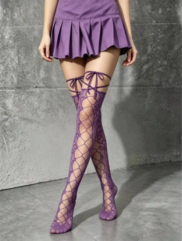 Women's Purple Lace Floral Cut-Out Thigh-High Stockings with Tie-Up Straps