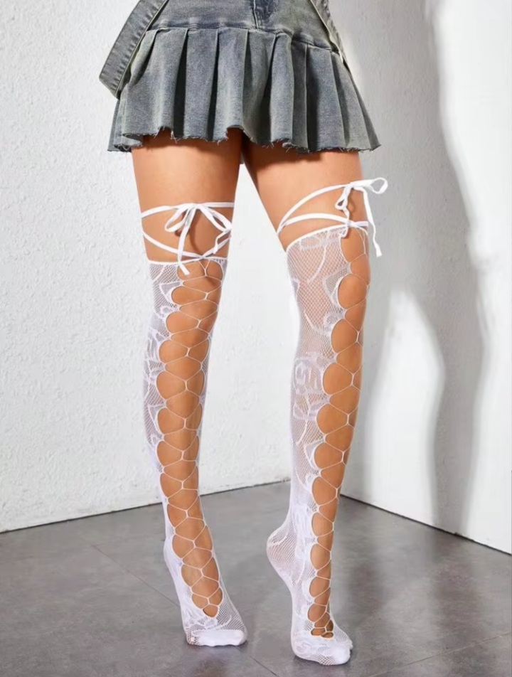 Women's White Lace Floral Cut-Out Thigh-High Stockings with Tie-Up Straps