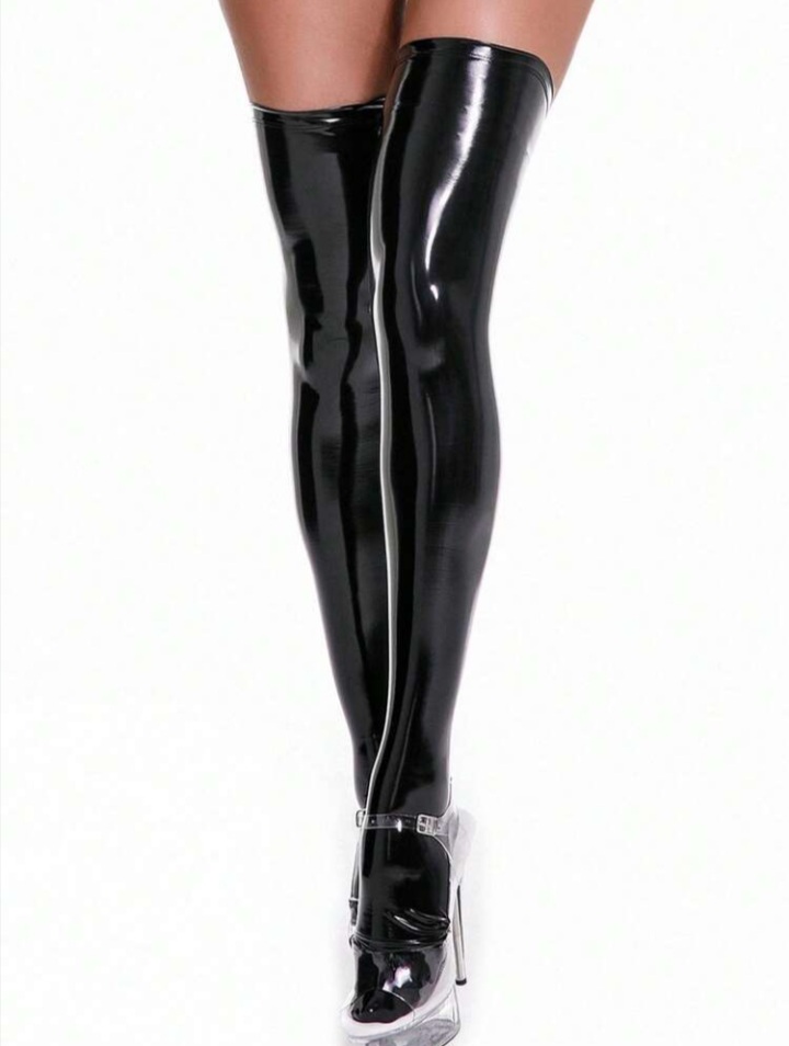 Women's Black Patent Faux Leather Thigh-High Wet Look Stockings