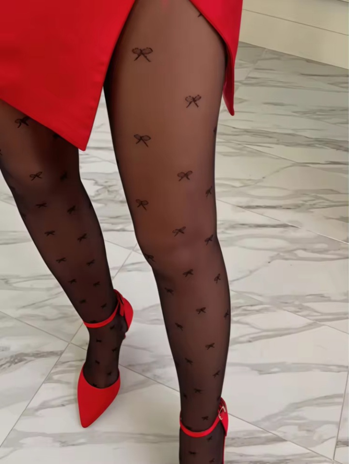 Women's Black Bow Knot Print Sheer Tights