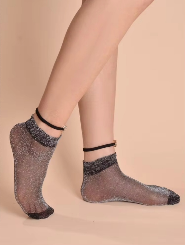 Women's Black Glitter Mesh Ankle Socks with Decorative Ankle Strap Detail