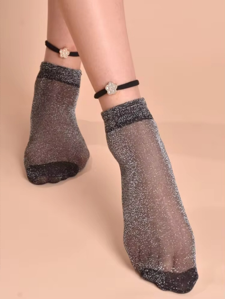 Women's Black Glitter Mesh Ankle Socks with Decorative Ankle Strap Detail