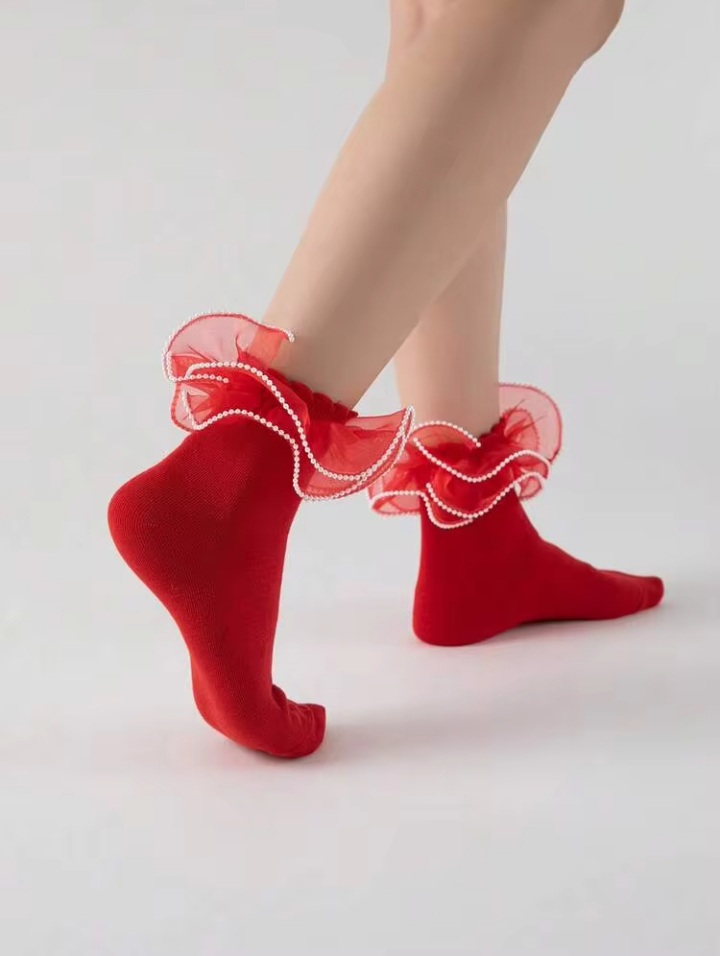 Women's Red Pearl-Trimmed Organza Ruffle Ankle Socks