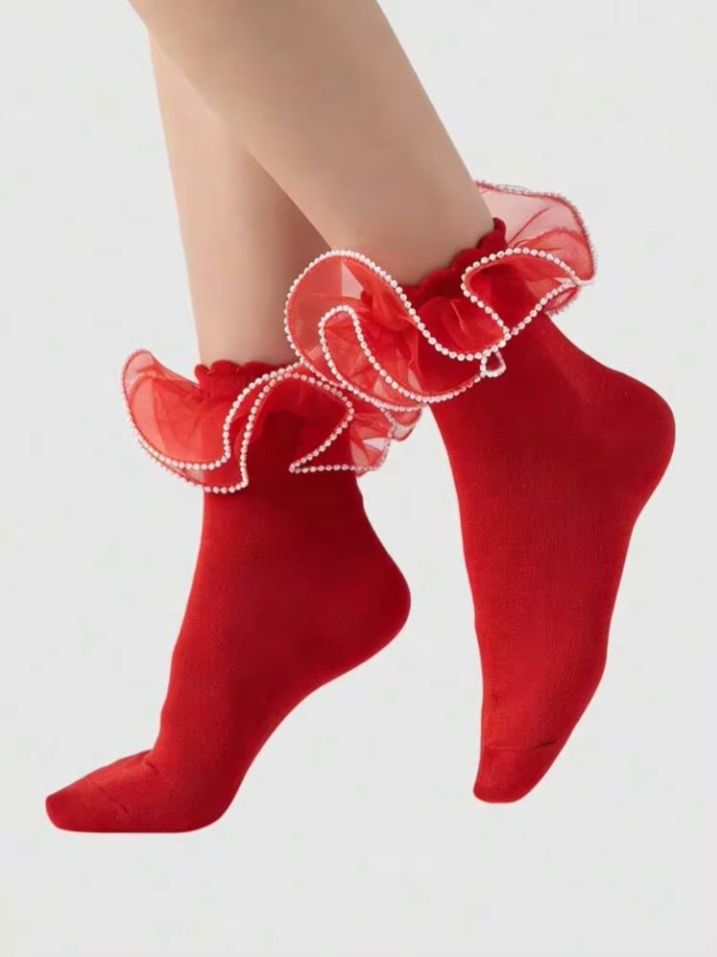 Women's Red Pearl-Trimmed Organza Ruffle Ankle Socks
