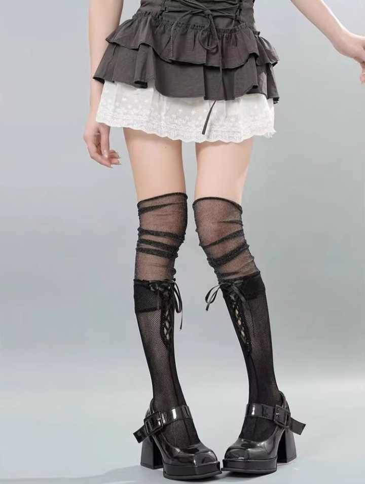 Women's Black Lace-Up Front Strappy Sheer Thigh-High Stockings