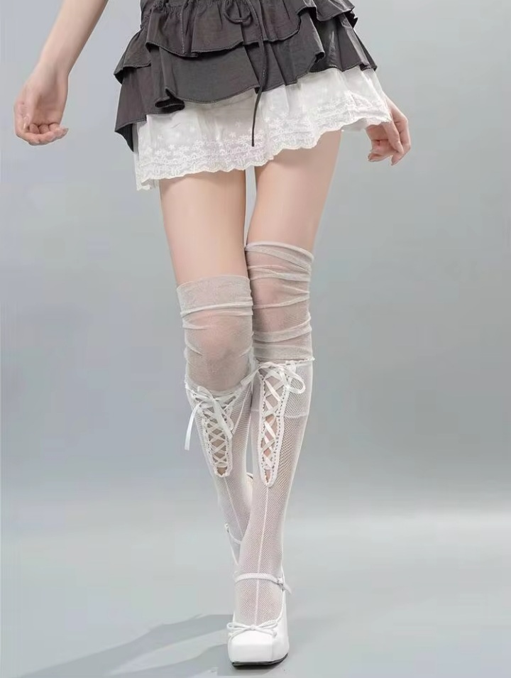 Women's White Lace-Up Front Strappy Sheer Thigh-High Stockings