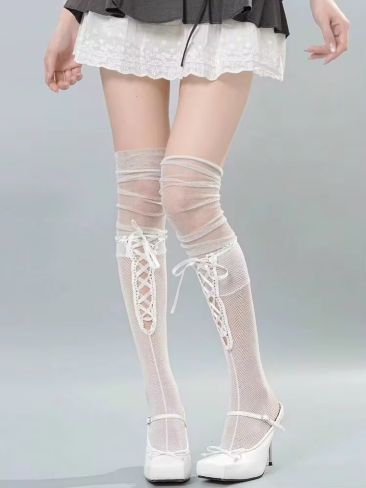Women's White Lace-Up Front Strappy Sheer Thigh-High Stockings