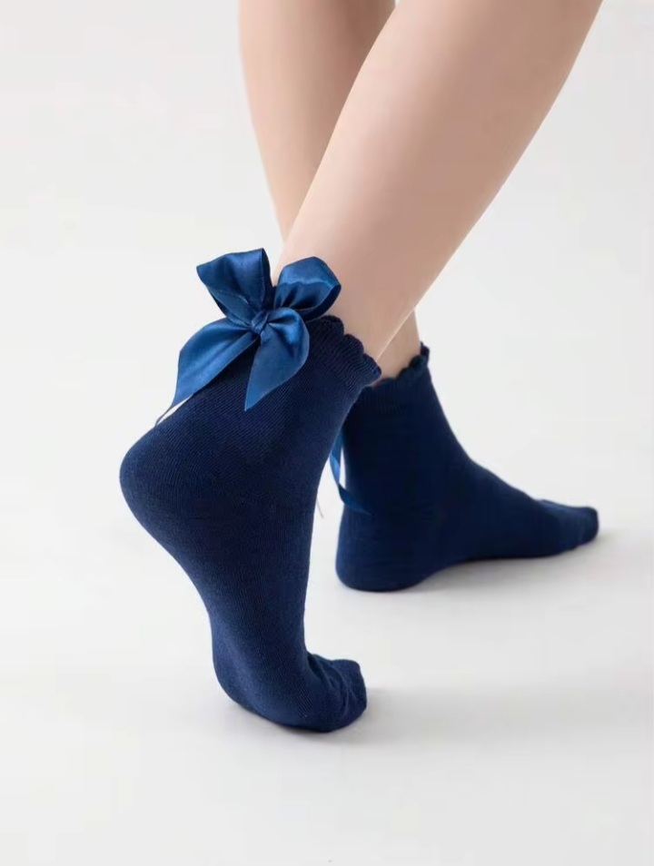 Women’s Navy Blue Bow Detail Crew Socks – Soft Stretch Socks for Women