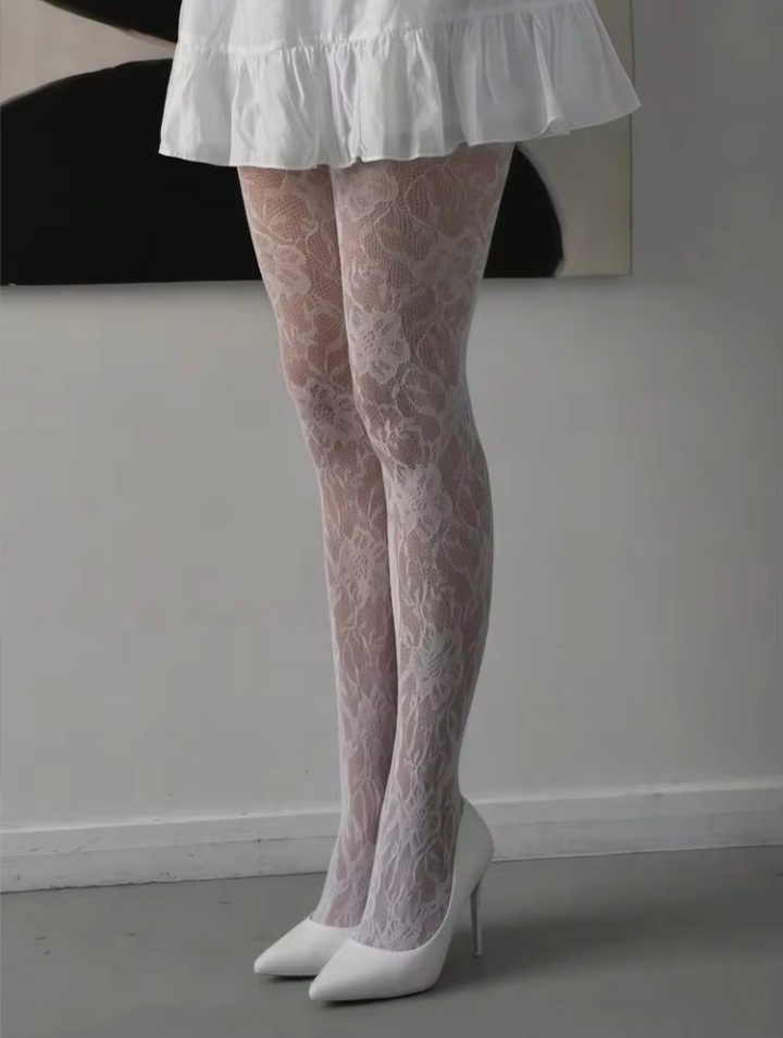 Women's White Sheer Floral Lace High-Waisted Pantyhose Tights