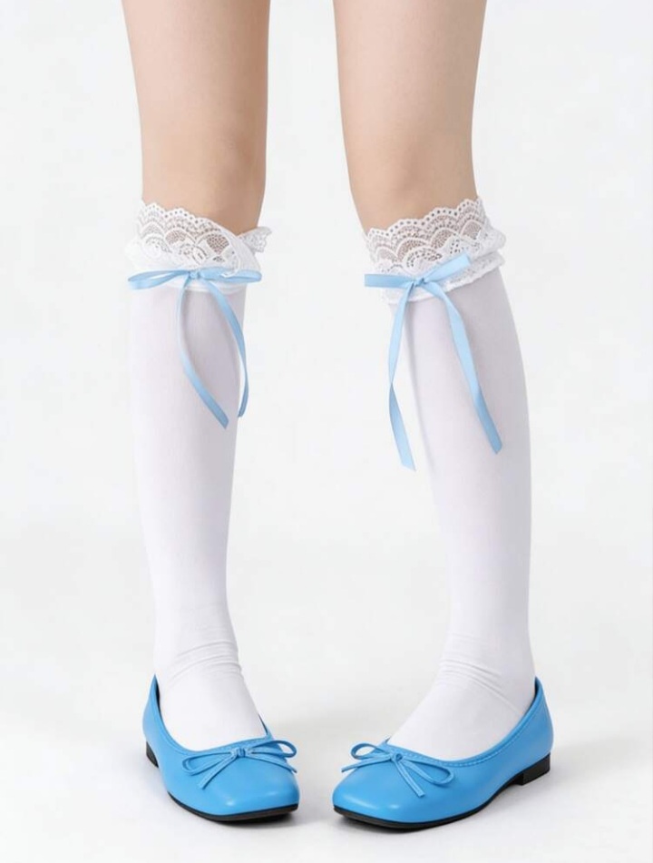 Women's White Knee-High Stockings with Floral Lace Cuff and Light Blue Satin Bow