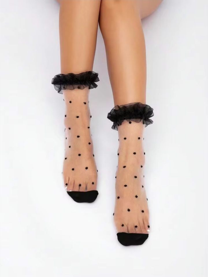 Women's Black Sheer Polka Dot Ankle Socks with Mesh Ruffle Trim Cuff