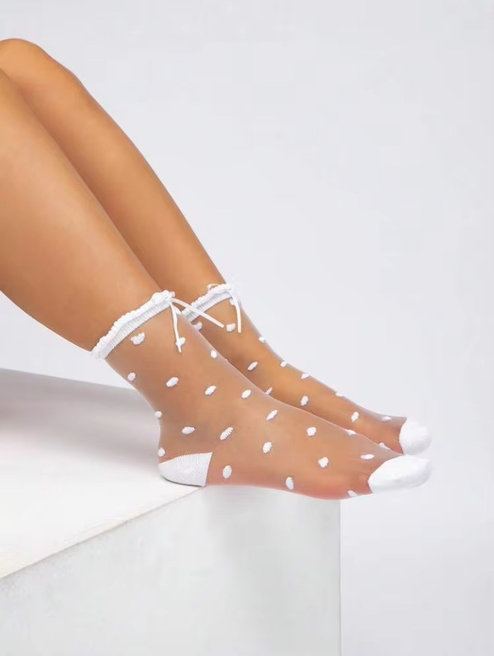 Women's White Sheer Polka Dot Ankle Socks with Ruffled Bow Cuff