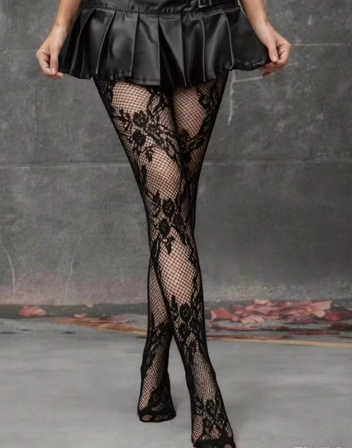 Women's Black Floral Jacquard Fishnet Tights with High Elastic Waistband
