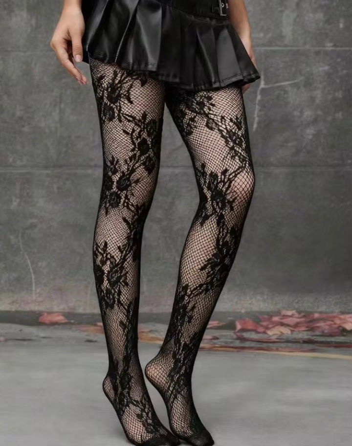 Women's Black Floral Jacquard Fishnet Tights with High Elastic Waistband