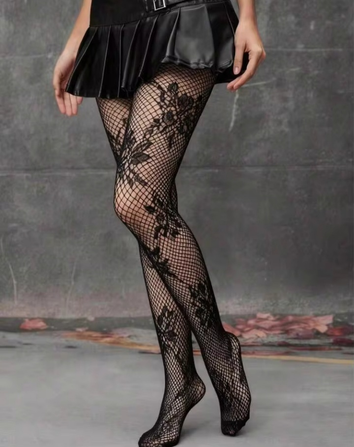 Women's Black Floral Jacquard Fishnet Tights with High Elastic Waistband