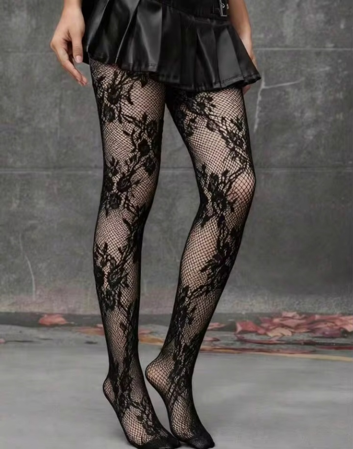 Women's Black Floral Jacquard Fishnet Tights with High Elastic Waistband