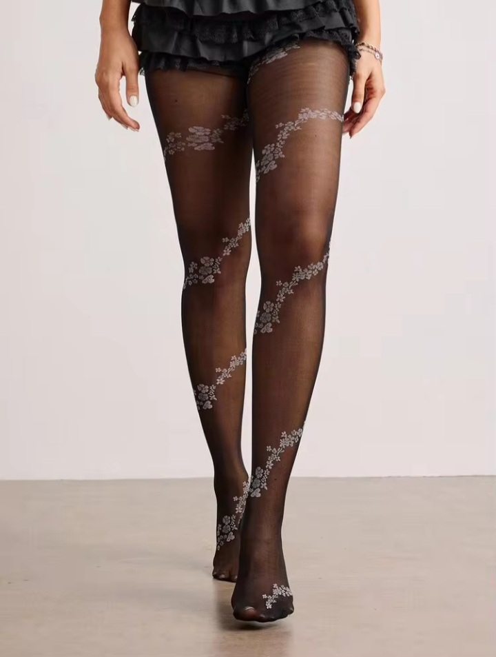 Women's Black Sheer Tights with Spiral Floral Vine Pattern