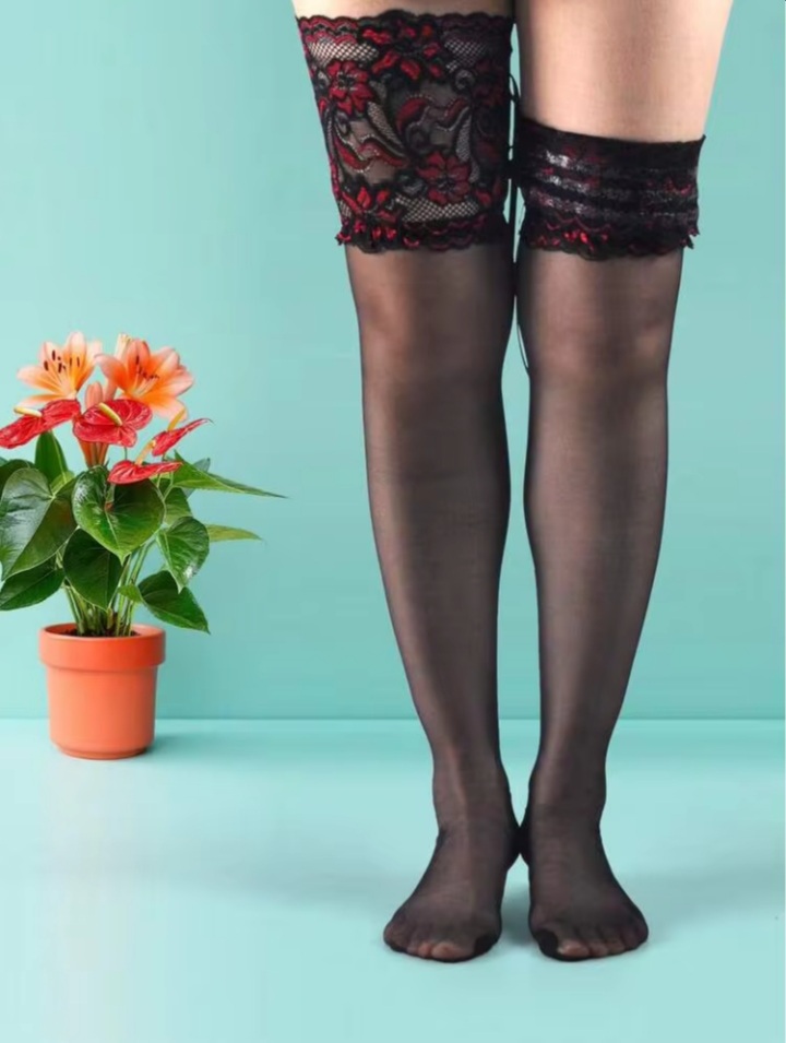 Women's Black Sheer Thigh-High Stockings with Red Floral Lace Cuff and Ribbon Bow