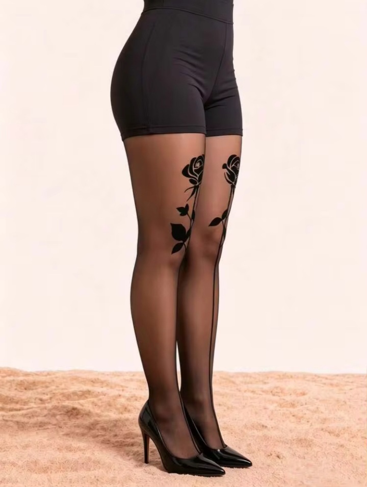 Women's Black Sheer Mock Thigh-High Tights with Rose Motif & Back Seam
