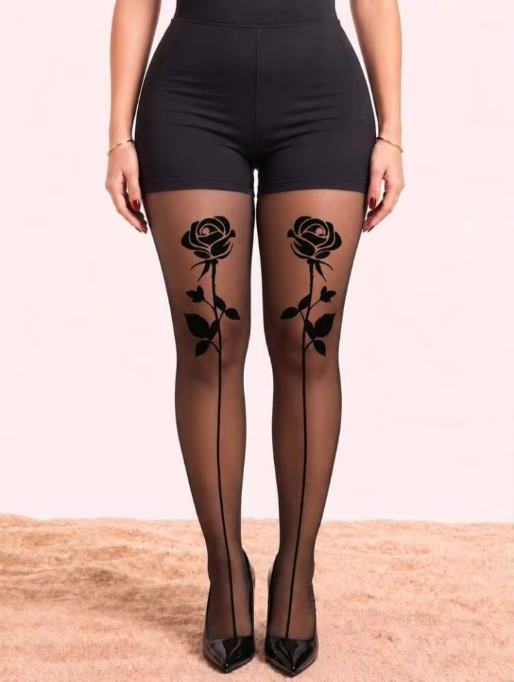Women's Black Sheer Mock Thigh-High Tights with Rose Motif & Back Seam