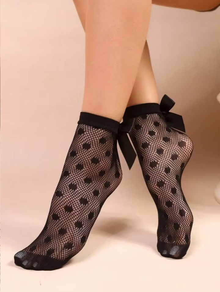 Women's Black Polka Dot Fishnet Ankle Socks with Back Satin Bow Accent
