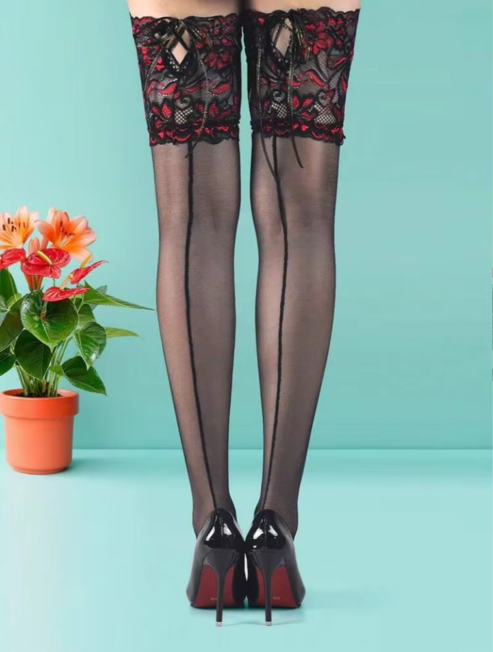 Women's Black Sheer Thigh-High Stockings with Red Floral Lace Cuff and Ribbon Bow