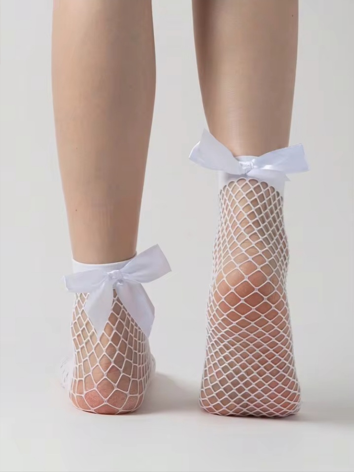 Women's White Fishnet Ankle Socks with White Satin Ribbon Bow Accent