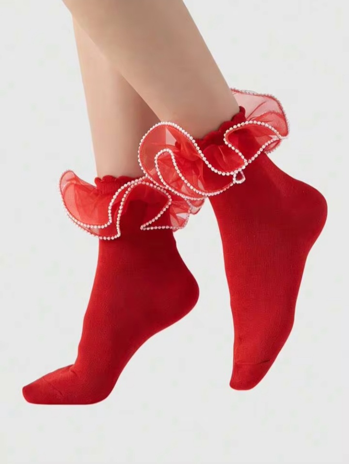 Women's Red Pearl-Trimmed Organza Ruffle Ankle Socks