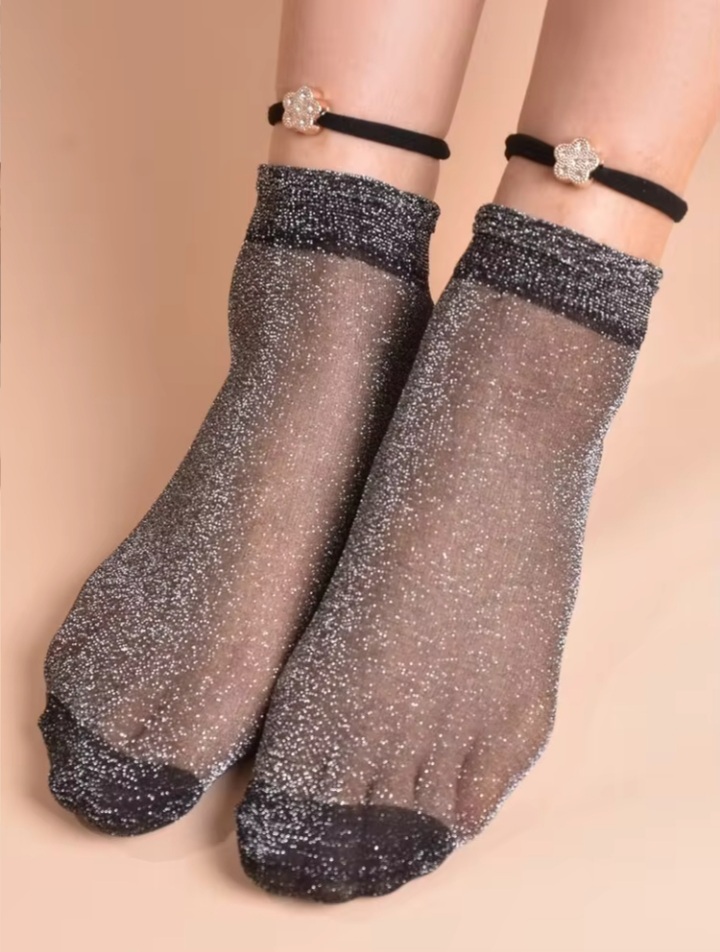 Women's Black Glitter Mesh Ankle Socks with Decorative Ankle Strap Detail