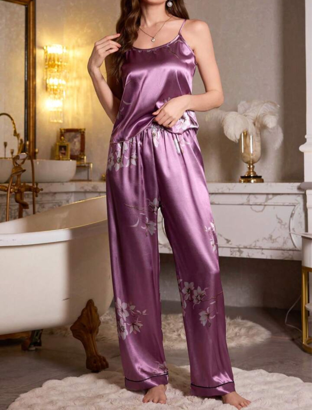 Women's Premium Satin Floral Print Night Suit Set – Sleeveless Cami Top & Full-Length Pyjama (Purple)