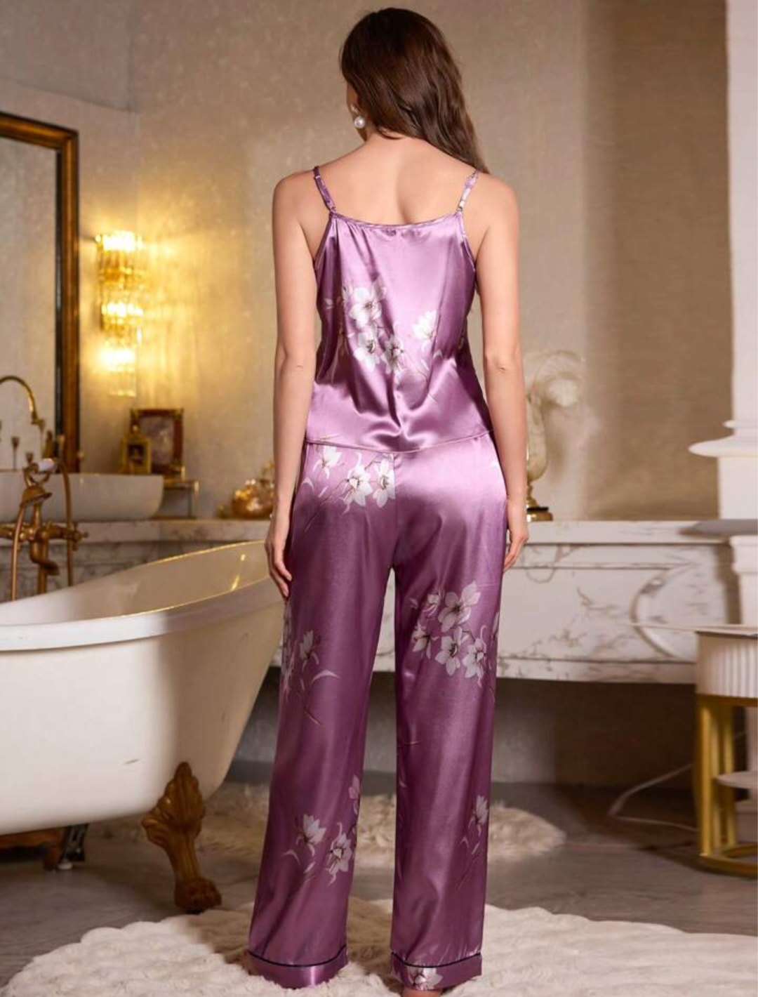 Women's Premium Satin Floral Print Night Suit Set – Sleeveless Cami Top & Full-Length Pyjama (Purple)