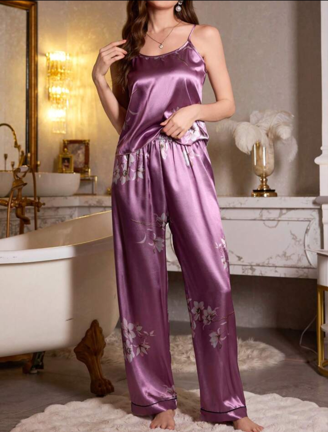 Women's Premium Satin Floral Print Night Suit Set – Sleeveless Cami Top & Full-Length Pyjama (Purple)