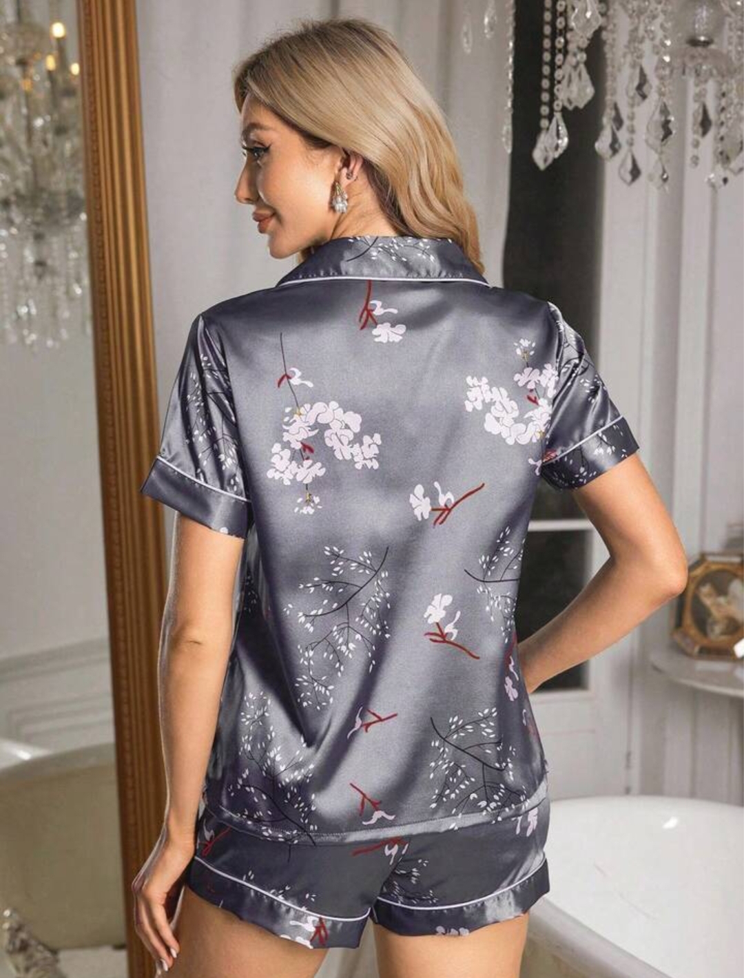 Women's Premium Satin Nightwear Co-Ord Set – Grey Floral Print Shirt & Shorts