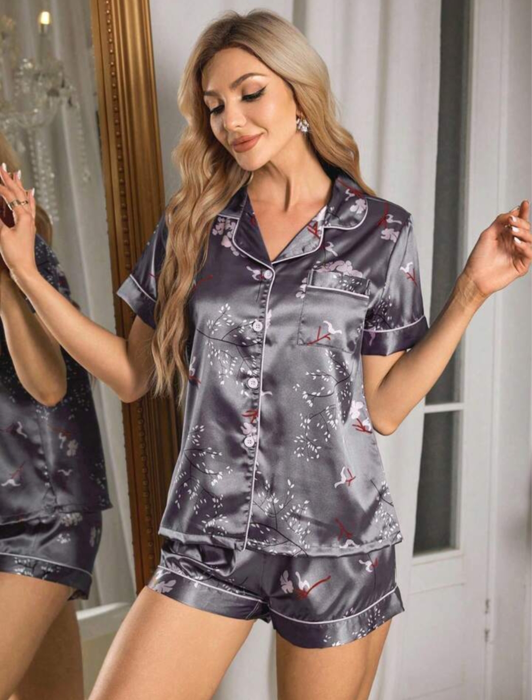 Women's Premium Satin Nightwear Co-Ord Set – Grey Floral Print Shirt & Shorts