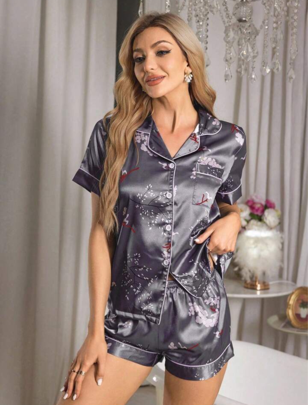 Women's Premium Satin Nightwear Co-Ord Set – Grey Floral Print Shirt & Shorts