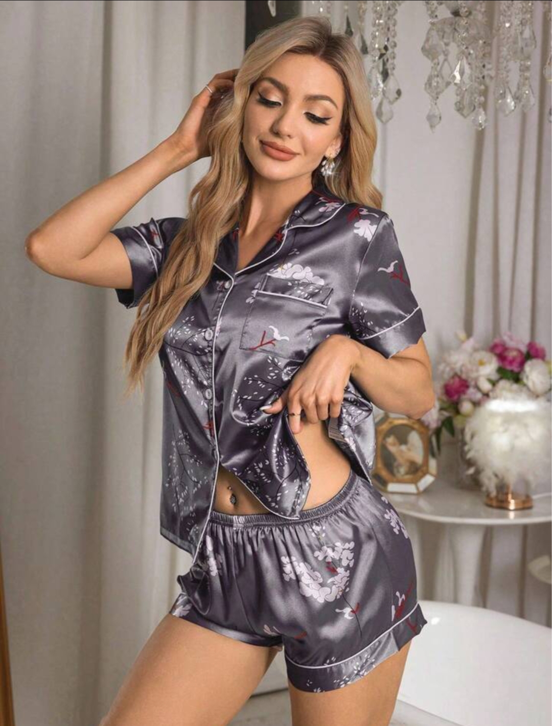Women's Premium Satin Nightwear Co-Ord Set – Grey Floral Print Shirt & Shorts
